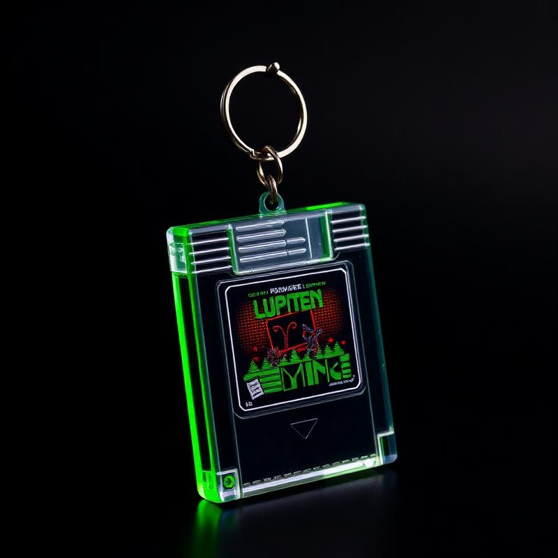 Chaveiro em formato de cartucho de videogame com etiqueta pixel art verde