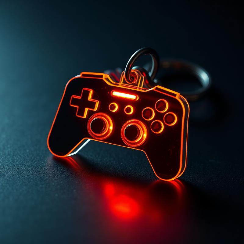 Chaveiro de acrílico em formato de controle de videogame com detalhes neon
